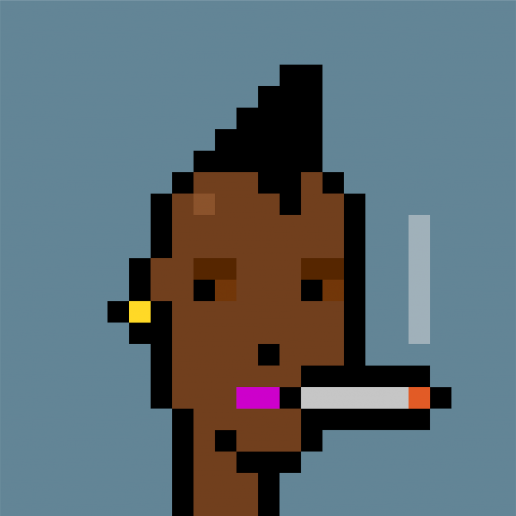 An artwork showing a heavily pixelated head of a Black person with a Mohawk haircut smoking a cigarette