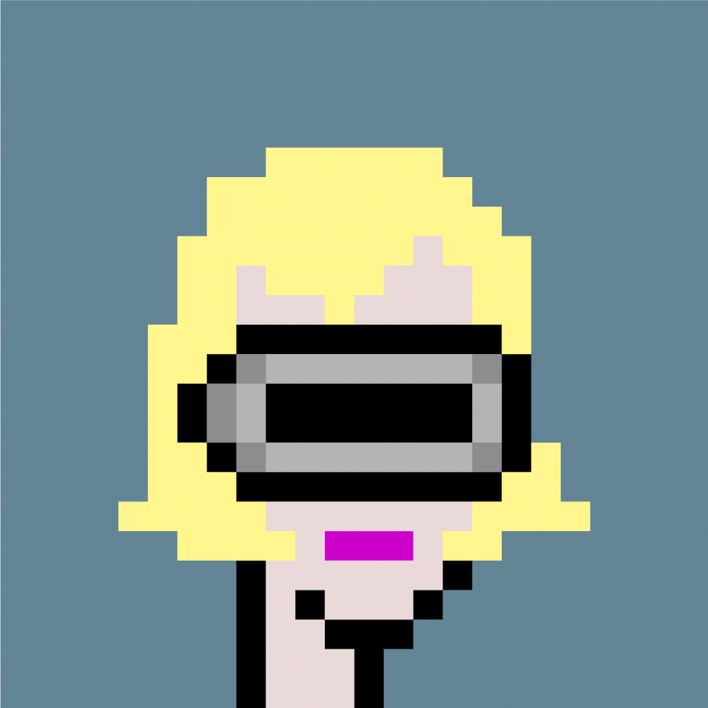 An artwork showing a heavily pixelated face of a white person wearing Goggles, part of the CryptoPunks NFT collection