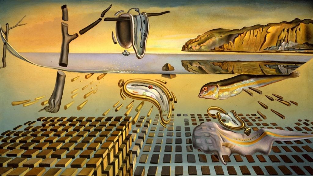 a yellow-tinged painting of melting clocks and fish with a grid-like design in the background.