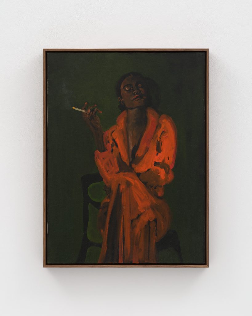 painting of a woman in a red robe with her eyes closed holding a cigarette