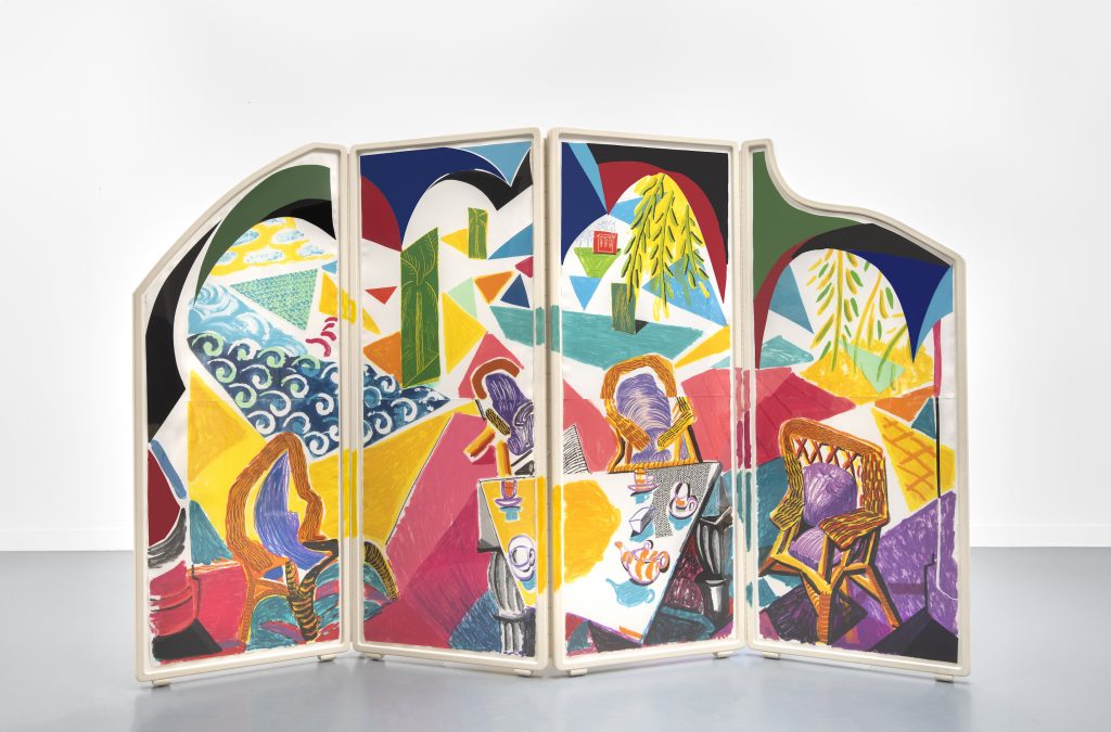 A four part asymetrical folding screen with each panel having an brightly colored abstract painting that together allude to a landscape.