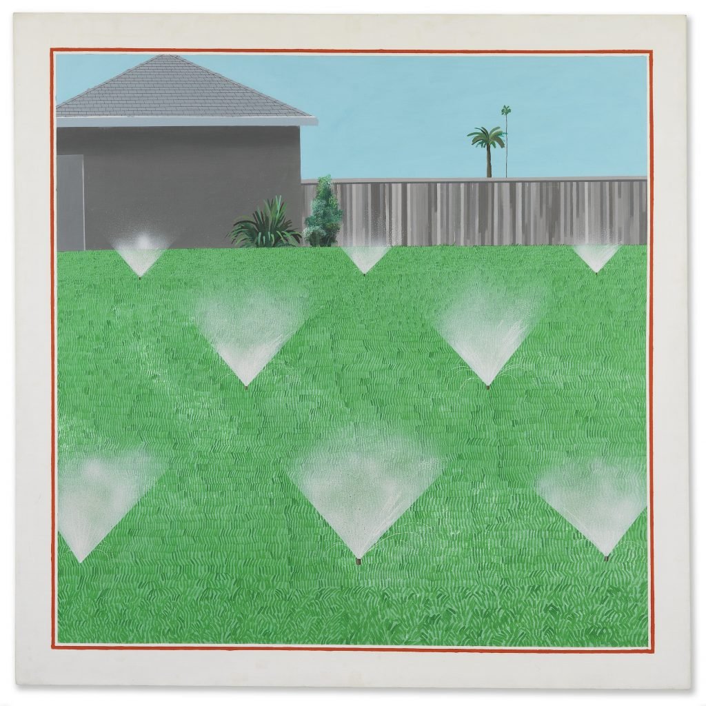 A painting of a lawn being sprinkled with water