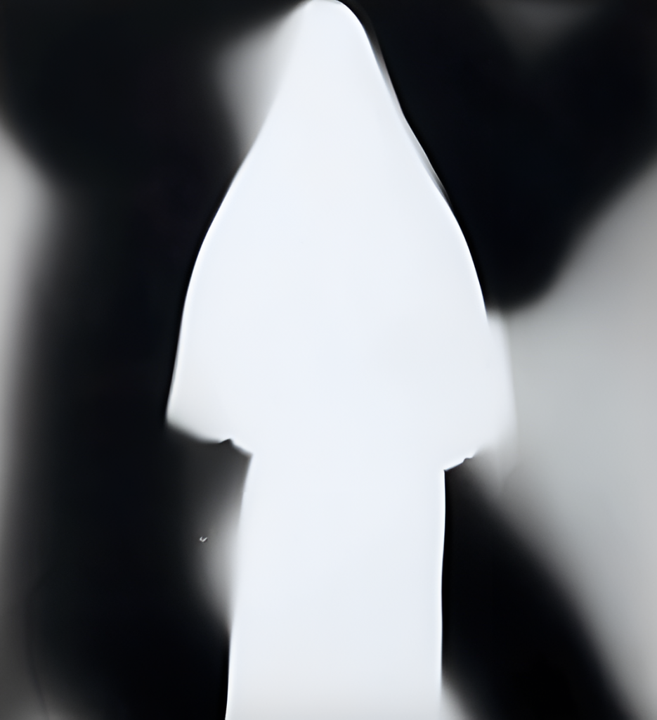 A white silhouette of the apparent virgin mary, ghostlike against a black background, created via a photogram.