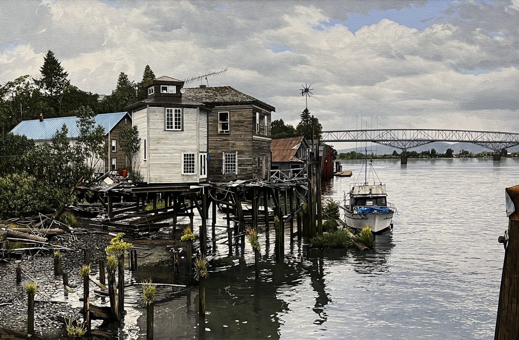 Using photorealism, a painting showing a somewhat rundown pier with buildings over water, and a dingy old boat.