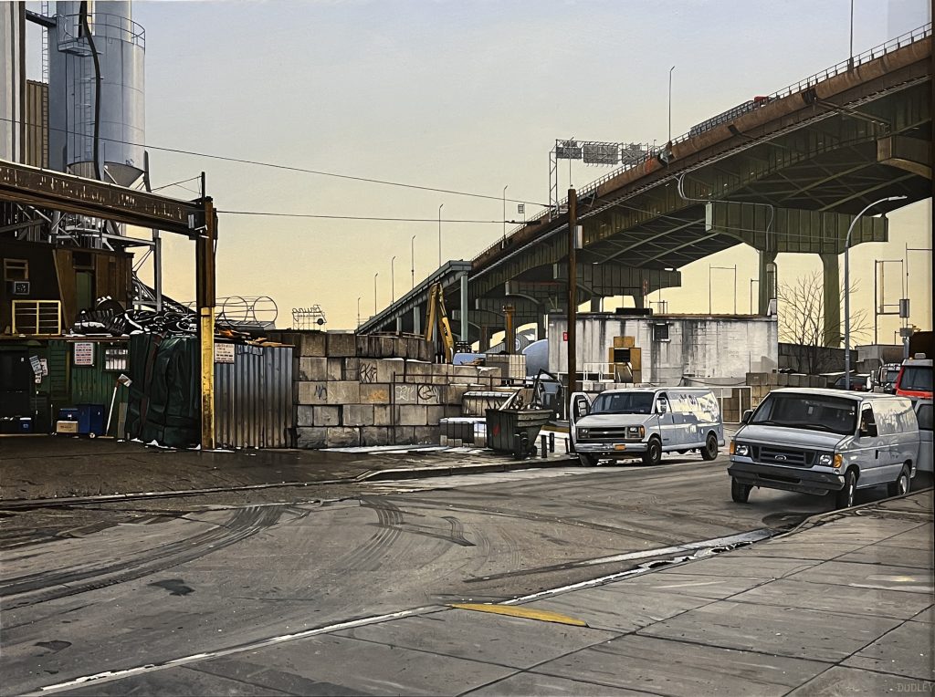 A photorealism painting showing an underpass with some panel trucks, poorly paved road, and piles of scrapmetal.