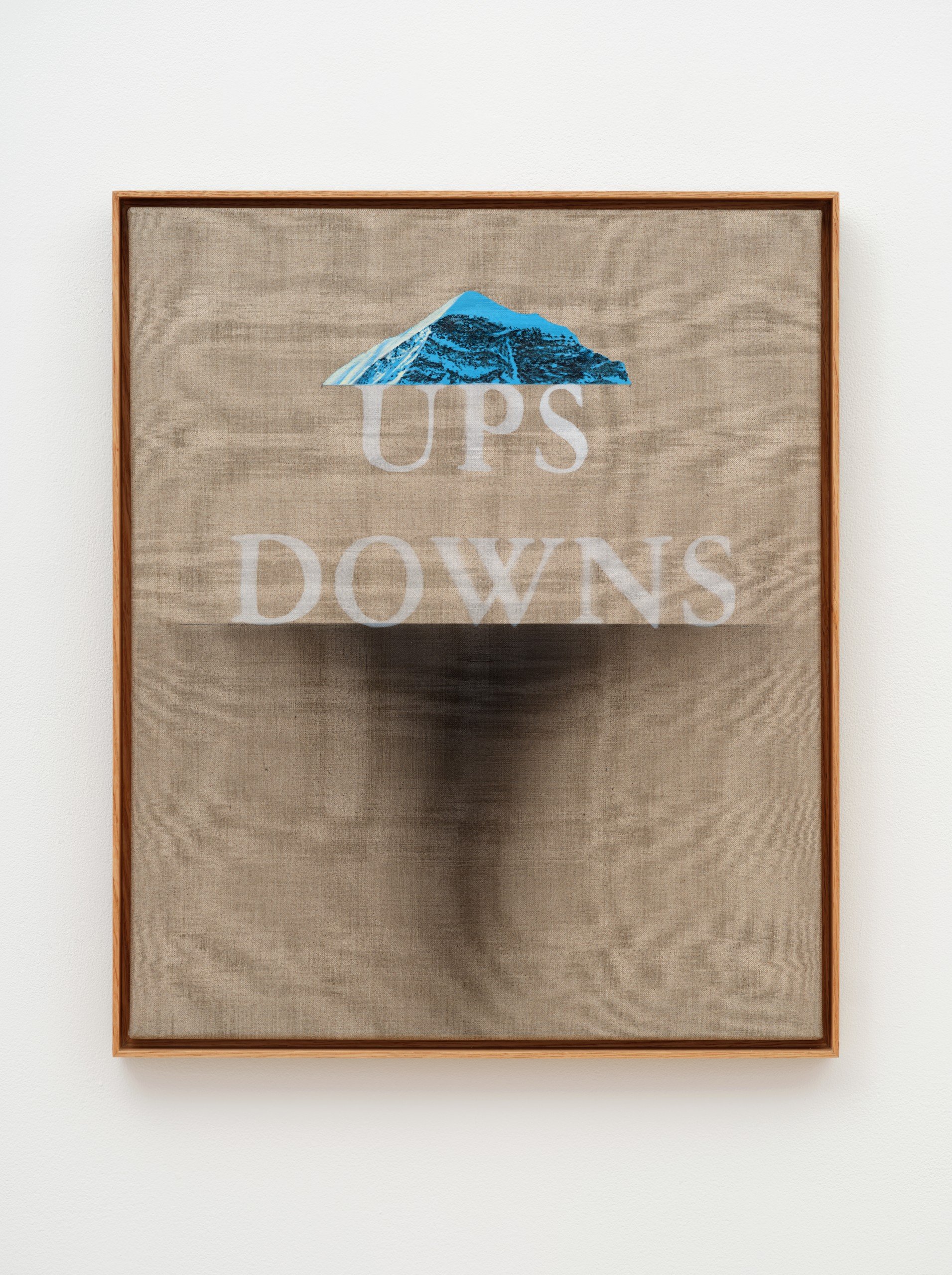 A painting by Ed Ruscha depicting the words "UPS DOWNS" between an image of a mountain and a black-painted funnel.