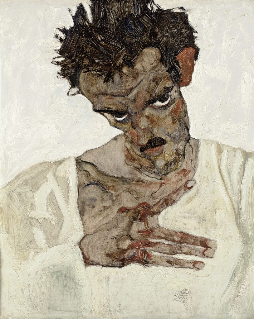 A self-portrait by Egon Schiele showing him with a lowered head