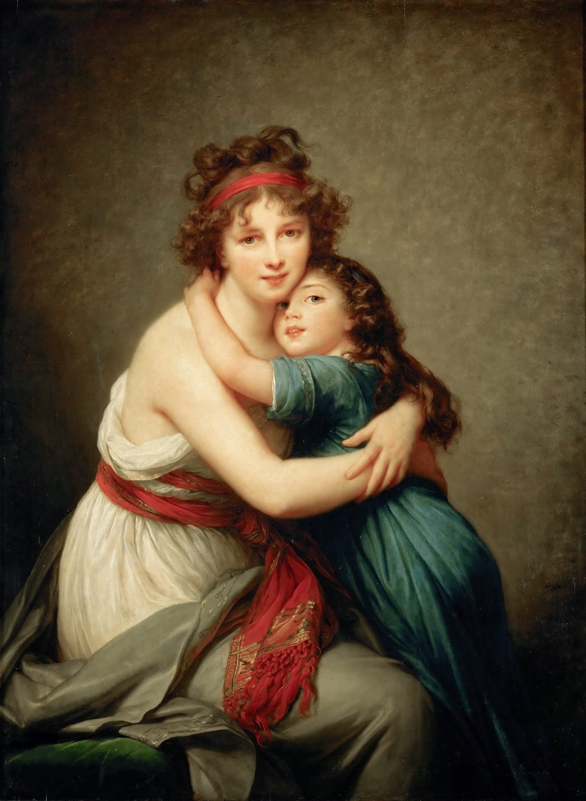 A self-portrait by Élisabeth Vigée Le Brun depicting a woman smiling in a loose-fitting robe and hugging a young girl who gazes directly at the viewer