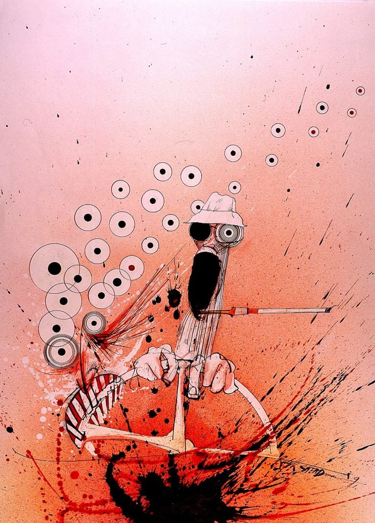 An illustration by Ralph Steadman, depicting an abstracted figure, his eyeballs wide and mouth agape, with a cigarette holder stuck to the lower lip. The background is splattered with ink and circular forms