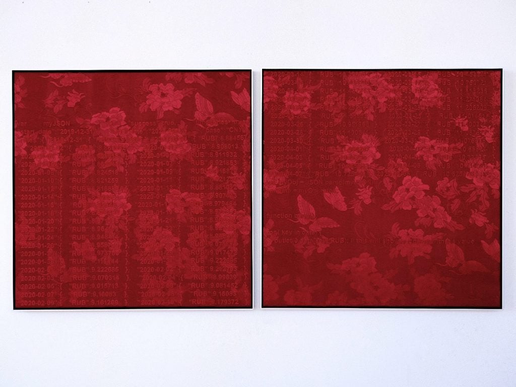 Two monochrome square paintings in bright red with a floral pattern and series of numbers in lines in an even brighter red, included in show for Sotheby's Institute of Art.