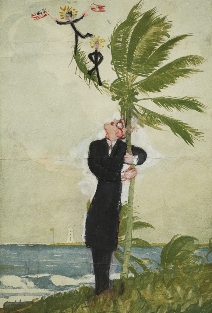 A man in black standing by a tree, with two small figures on a branch above