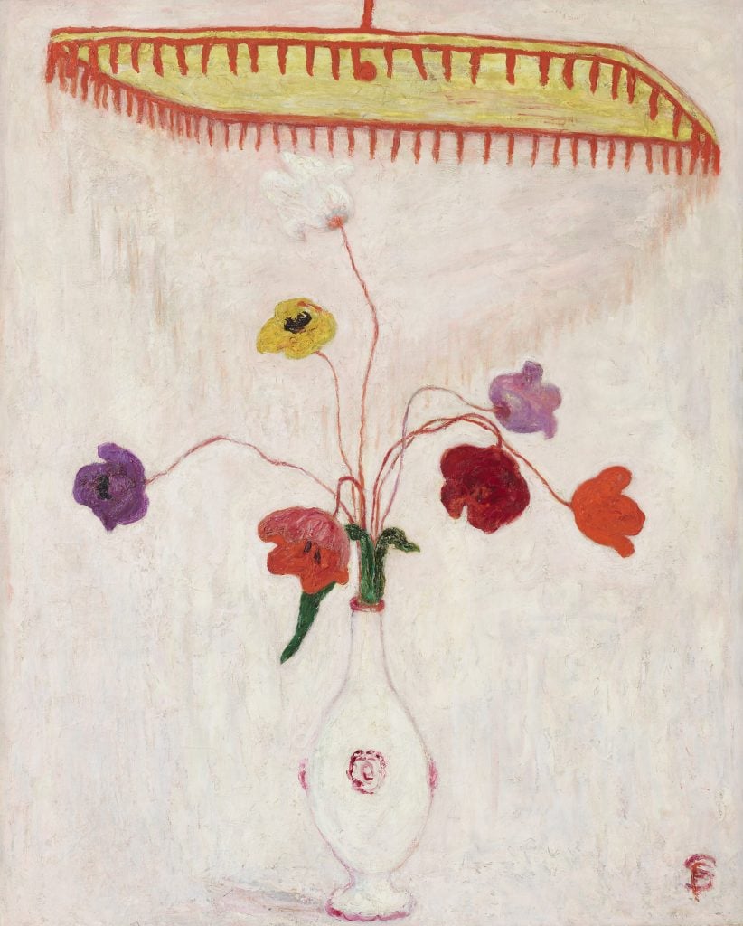 A painting of tulips in a vase under a canopy against a plain background