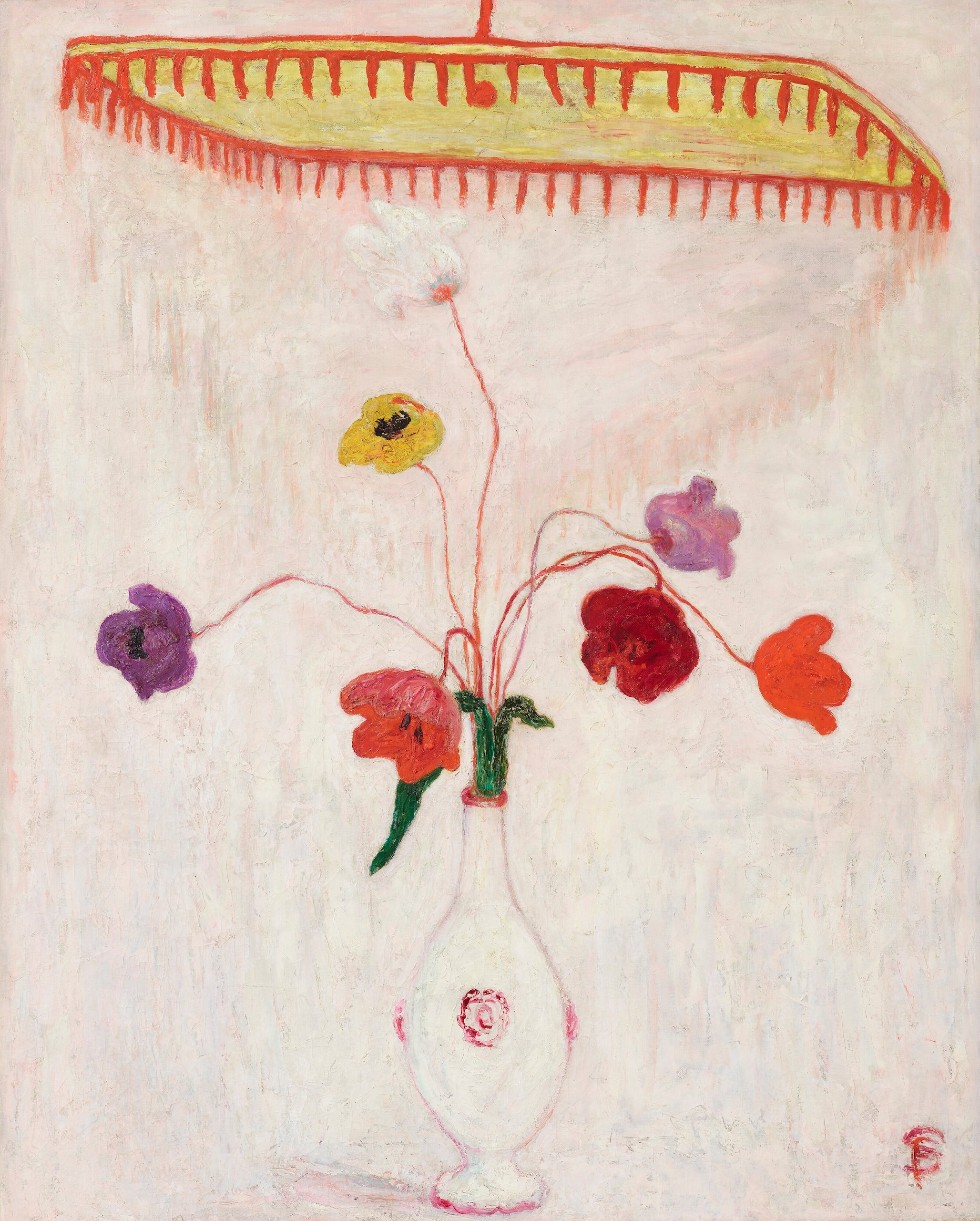 A painting of tulips in a vase under a canopy against a plain background