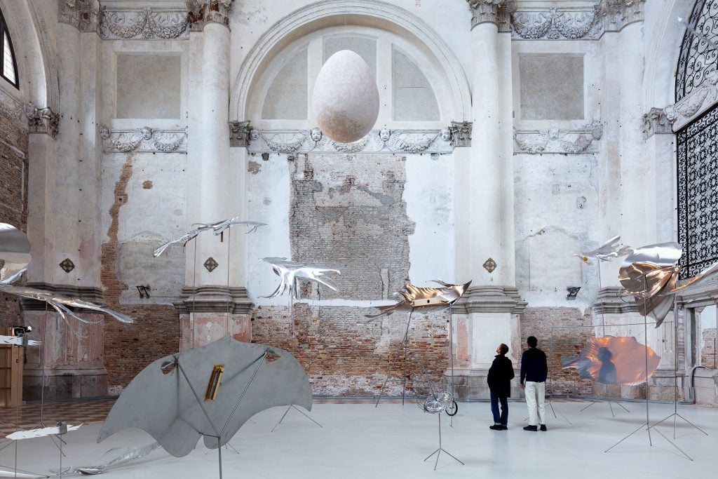 Installation view of "Lunar Ensemble for Uprising Seas" (2023) by Petrij Halilaj and Álvaro Urbano at Ocean Space, Venice, co-commissioned by TBA21 Academy and Audemars Piguet Contemporary.