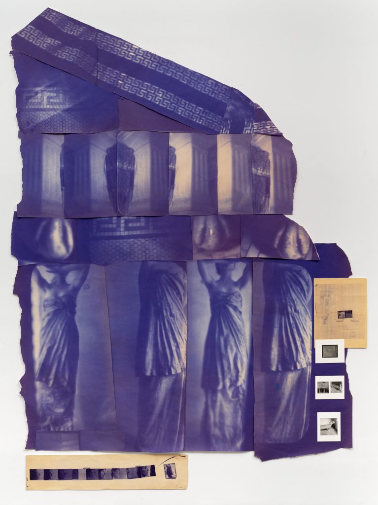 a blue colored photographic collage in the shape of a Greek temple made with caryatids