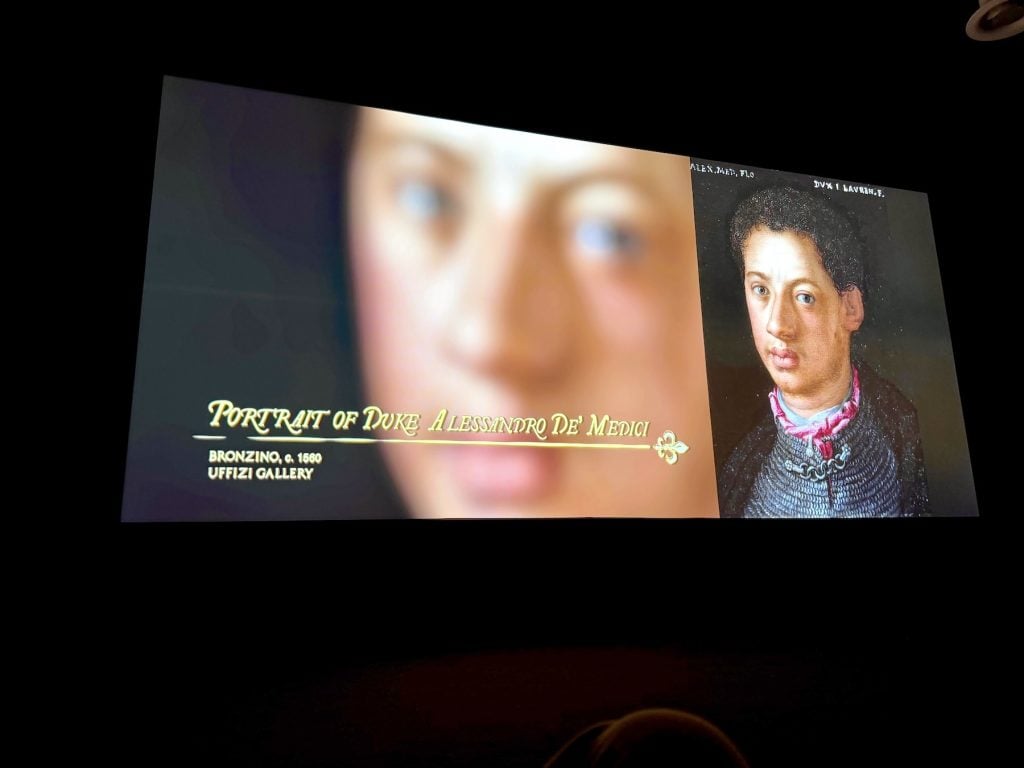 A screen plays a large image of a portrait beside the caption PORTRAIT OF ALESSANDRO DE MEDICI