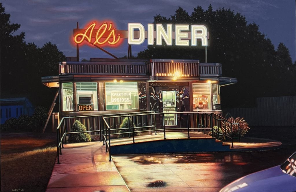 A photorealist painting of a small old school diner with a neon side on top reading Al's Diner.