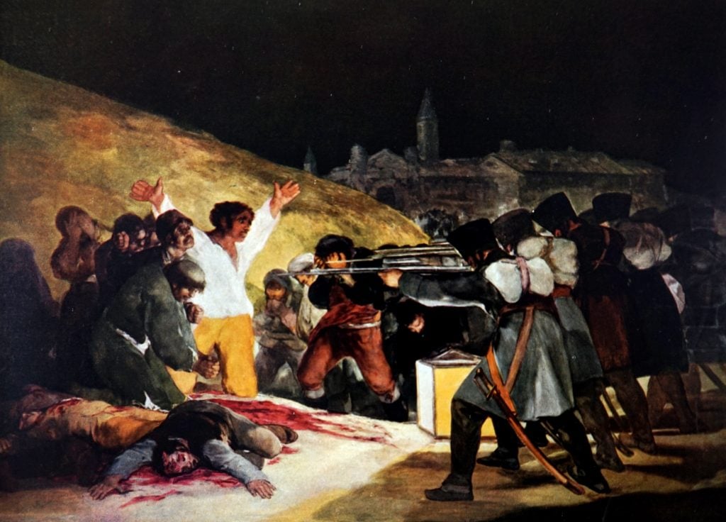 An image of Goya's Third of May oil painting featuring a faceless firing squad training their weapons on a brightly lit crowd of terrified men