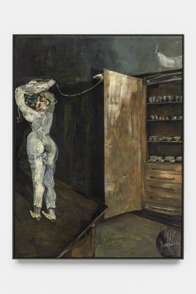 a painting by Guglielmo Castelli of a marionette-like figure in white, with a string attached to a cabinet door