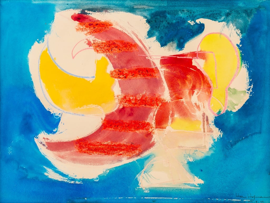 A gestural abstract painting with blue, red, and yellow.