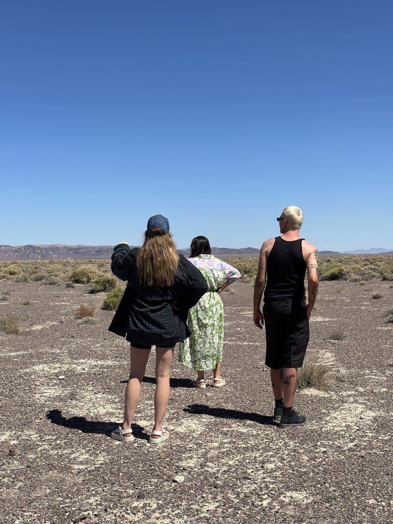 A photo of three figures seen from the rear amongst a stark desert landscape and blue skies