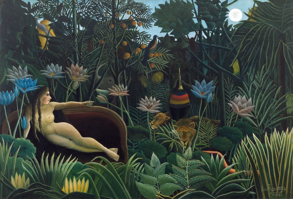 Henri Rousseau's landscape of a nude woman reclining on a seat amid a lush jungle, populated with plants and various wild beasts.