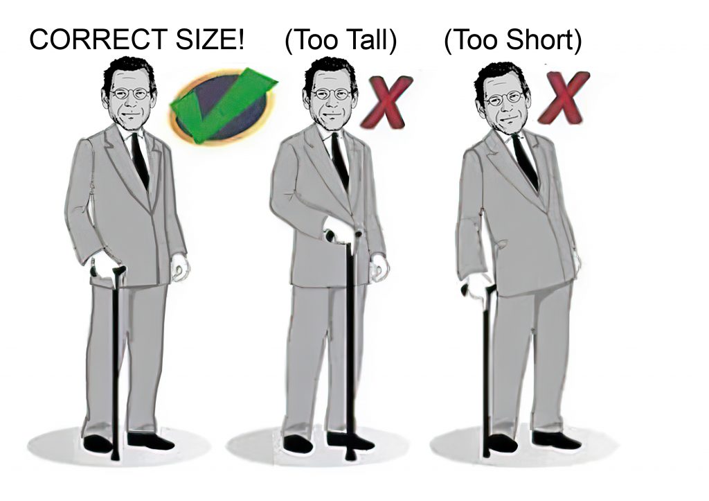 A cartoon image shows a man modeling three canes of different heights