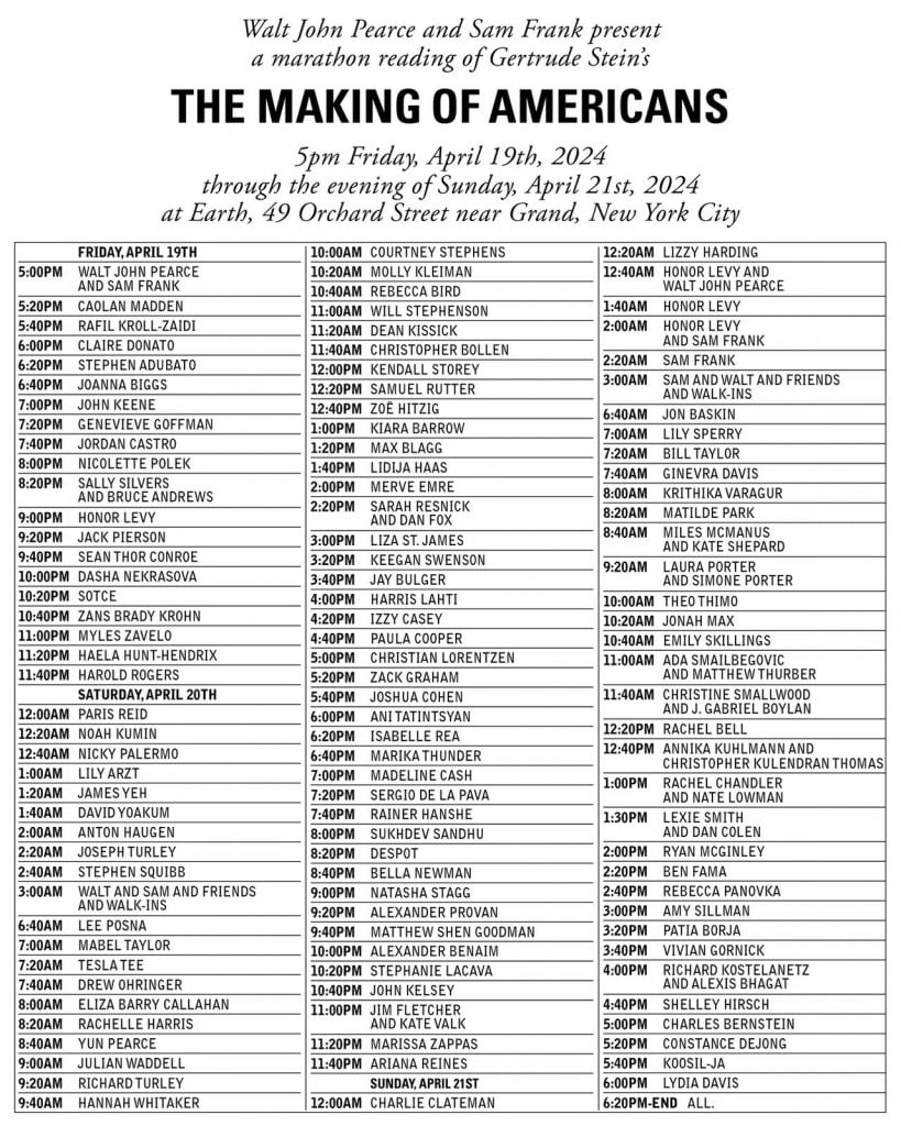 A dense list of 100 names and timeslots for this weekend's marathon reading