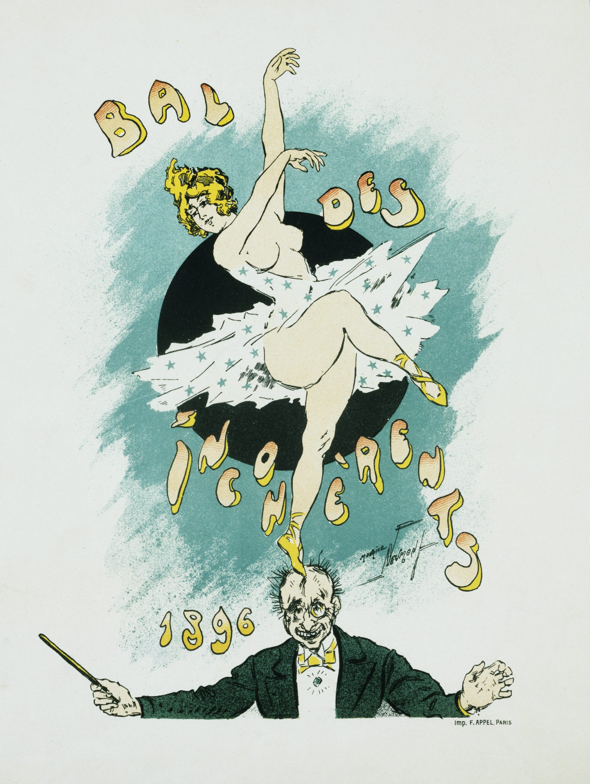 A poster with an illustration of a woman dancing on top of a man's head, with the words "Bal des Incoherents, 1896"