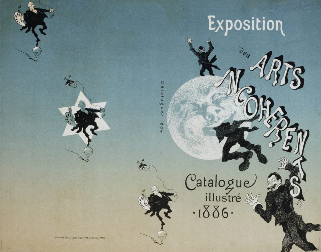 An illustrated poster that reads "Exposition Arts Incoherents," depicting a man being swallowed by a moon.