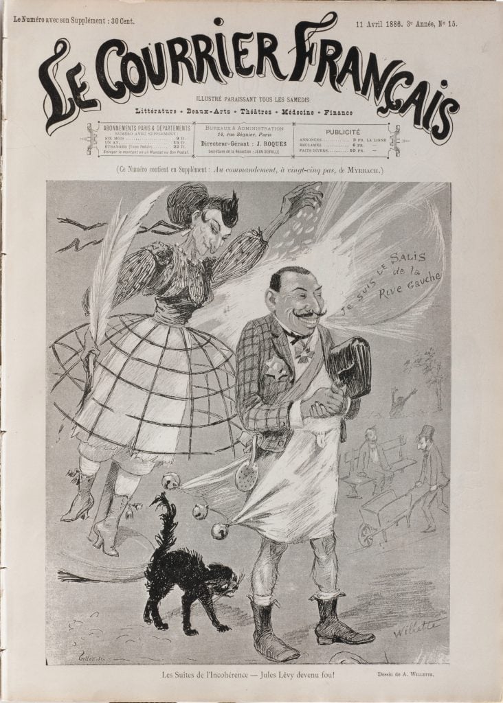 The cover of Le Courrier France magazine with a caricature of a grinning man, a witch floating behind his shoulder and a black cat at his ankle