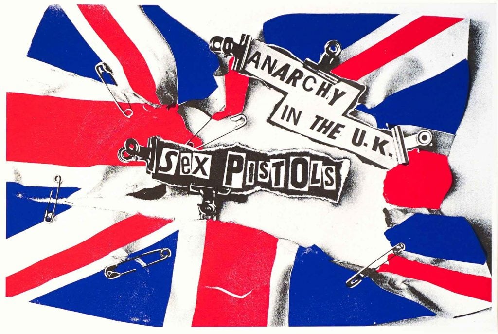 Jamie Reid's 'Anarchy in the UK' showing a Union Jack held together with safety pins.