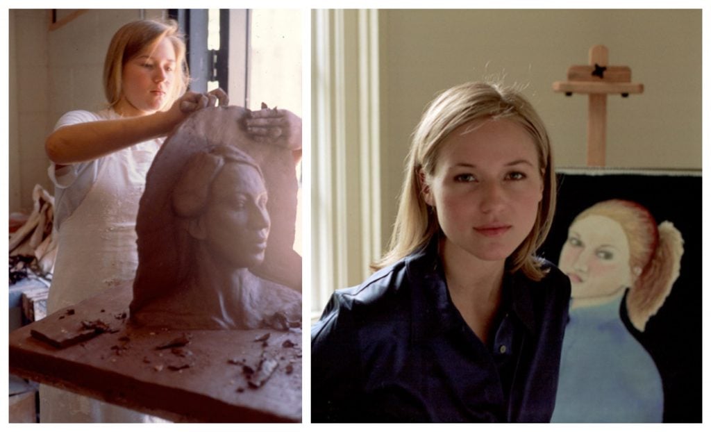 two images are side by side. on the left, a young girl sculpts the relief of a head from clay. on the right, the same girl, slightly older, sits in front of a painting on an easel