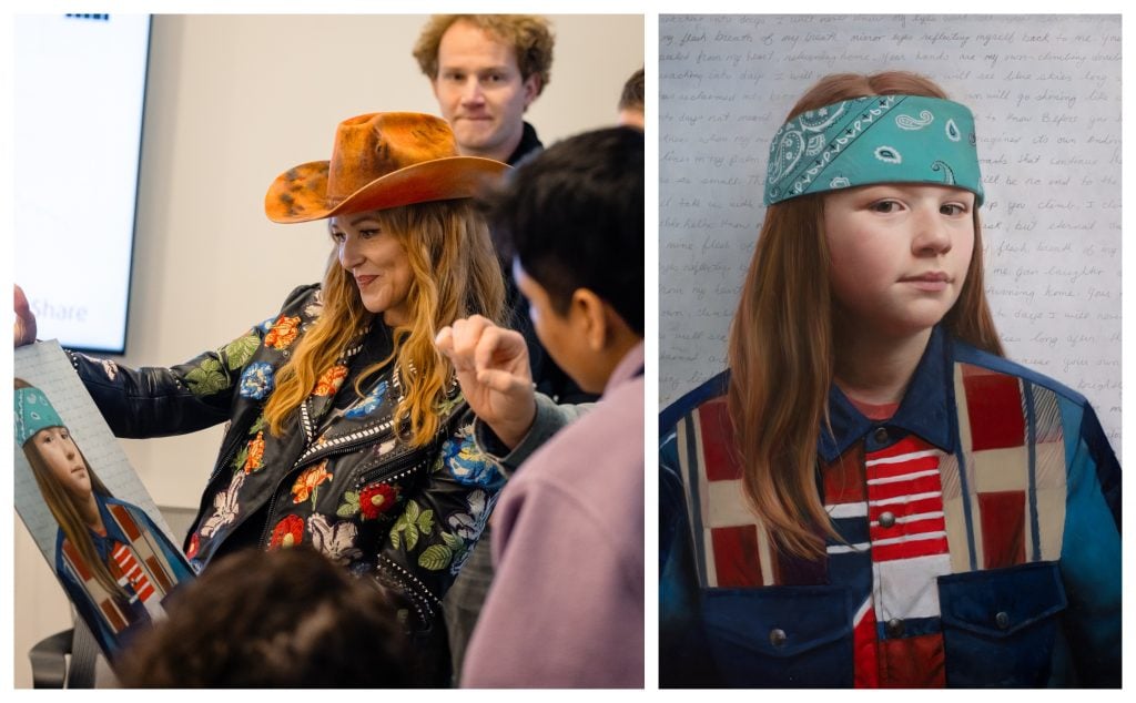 two images are side by side, on the left a woman in a cowboy hat shows a painting of a young child to a group of people; on the right is a close up of the portrait of the child