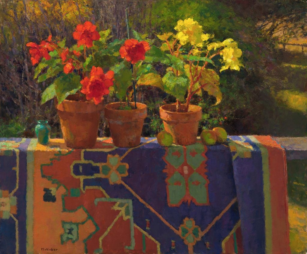 A representational painting of two potted begonias on a ledge draped with a patterned cloth or rug in the sunlight.