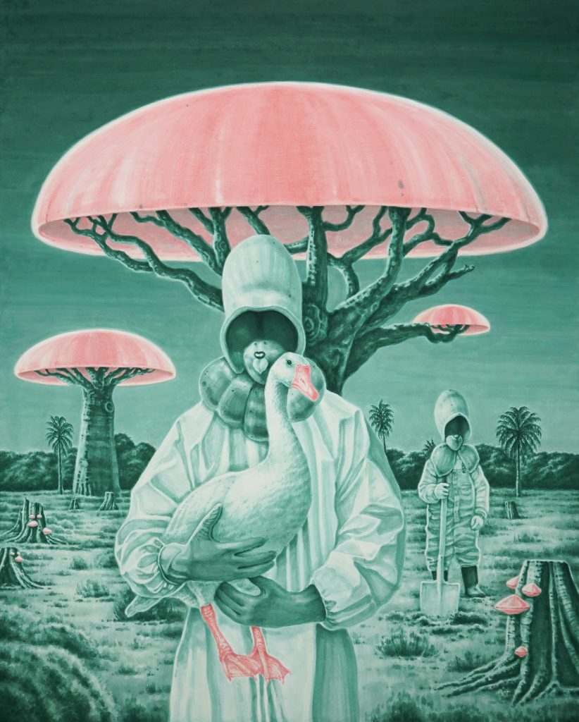 A dystopic landscape in shades of teal with trees that have salmon pink canopies, and a figure holding a duck in the foreground, to be shown at NADA New York.
