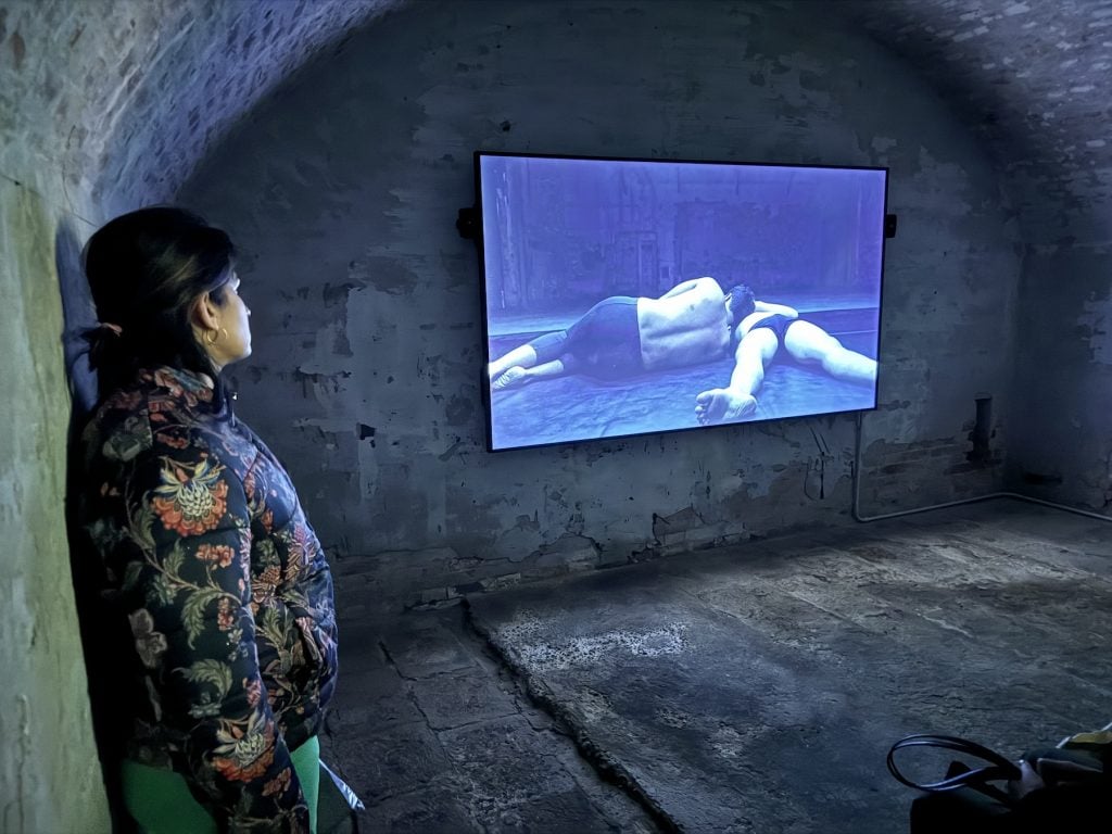 A visitor watches a video where two people are wrestling