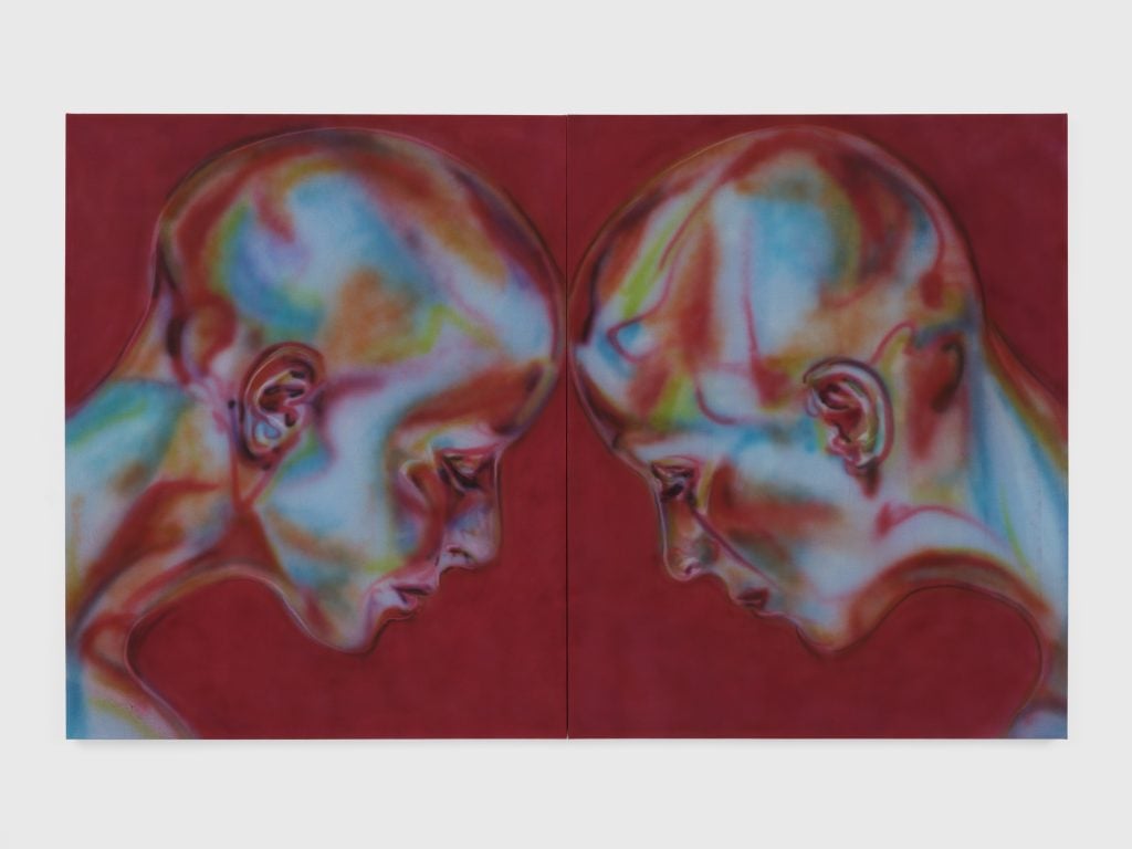 Katie Hector painting featuring two heads that look multicolor chrome with their heads leaning forward and touching against a rust red background.