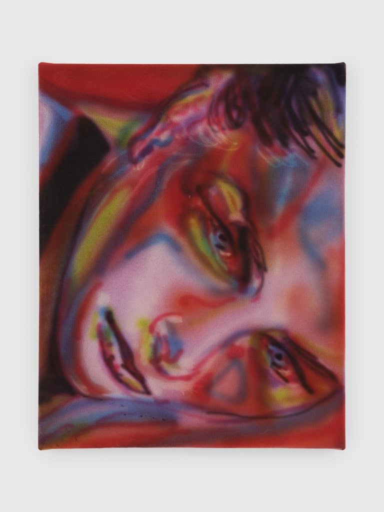 Painting by Katie Hector of a closeup of a womans face done in technicolor pressure gun paint style against a fuchsia background.