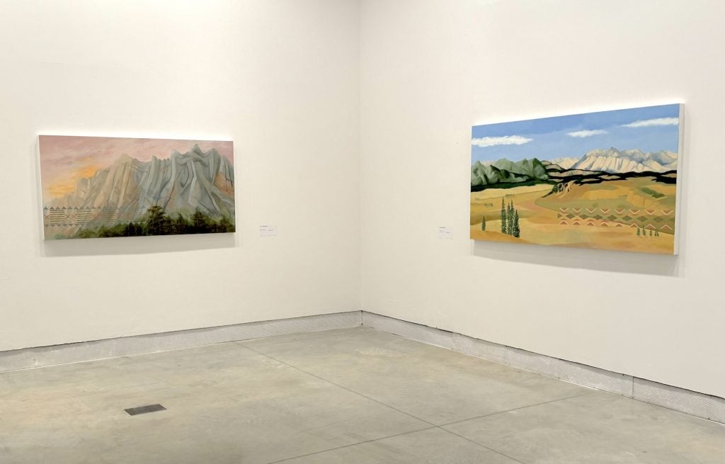 Two paintings of landscapes with patterns overlaid on them in a white gallery