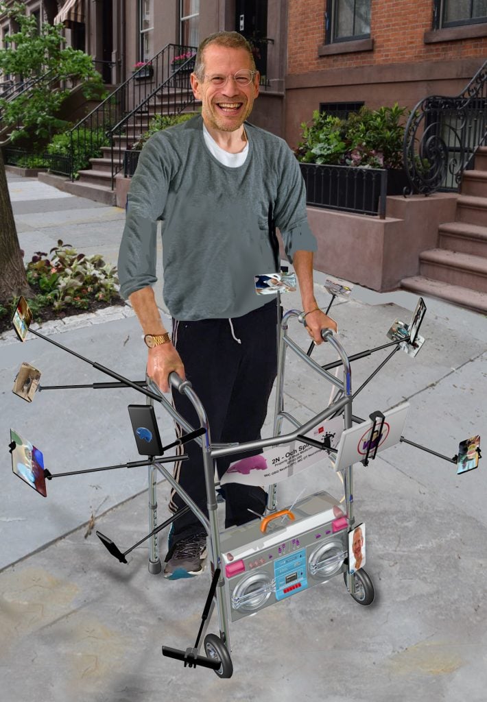 Standing outside in a digitally altered image, a man holds a walker with many attachments