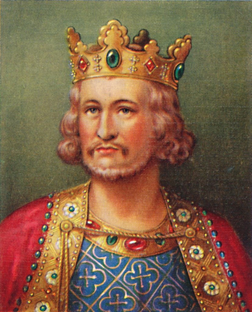 A drawing of King John wearing a gold crown with green and red jewels. He wears a blue tunic with a red cape edged in gold. 