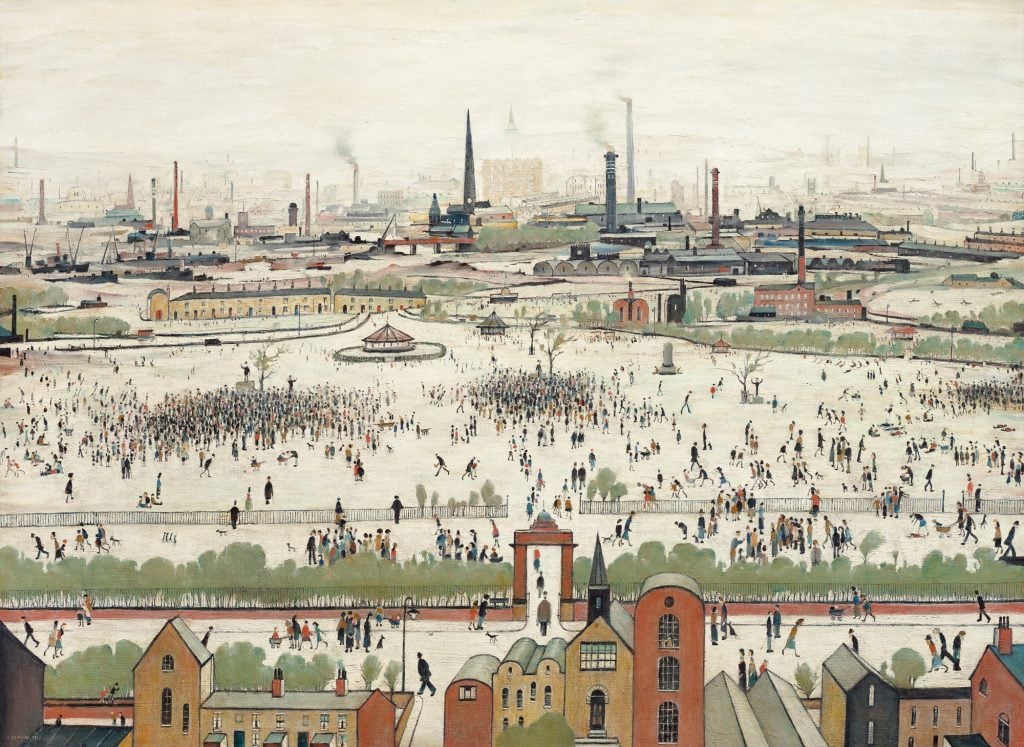 paiting by laurence stephen lowry with a birds eye view of a town with buildings in the distance 