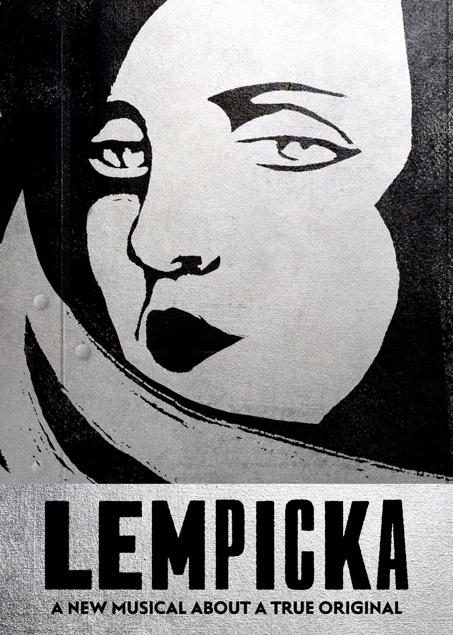 Stylized poster featuring a woman's face in black-and-white, above the title "Lempicka."