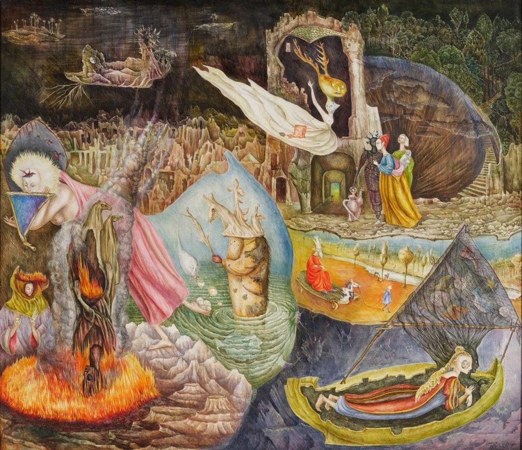 A surreal painting with unidentifiable creatures in a bizarre landscape