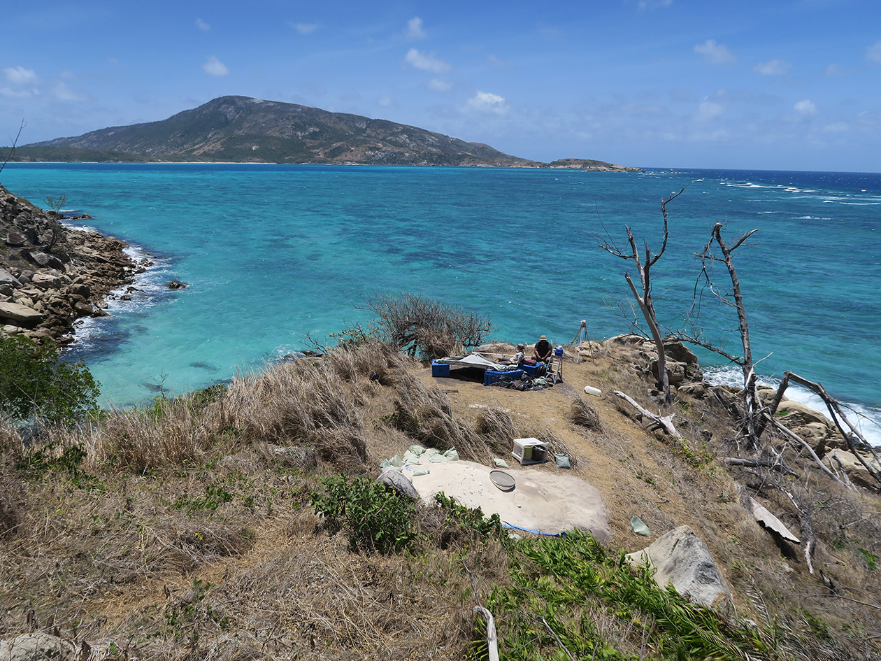 A photograph of a small archaeological dig taking place amongst green brush on a cliff before azure waters, a single mountain, and blue skies