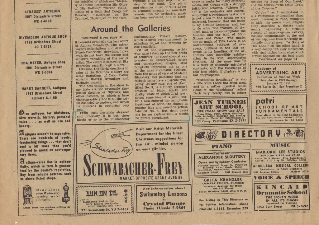 A scanned page from an old newspaper featuring advertisements beneath an art gallery review