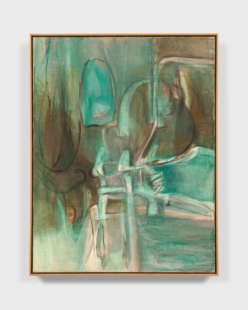 A photograph of a painting featuring abstract forms covered in large swaths of turquoise and brown