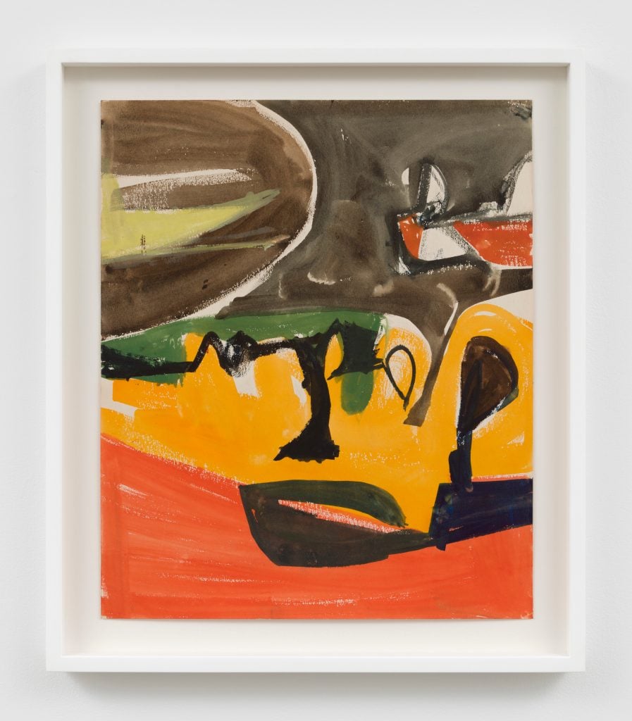A photograph of an abstract painting of orange and red-orange, which grey and brown fields and black figures with shadows
