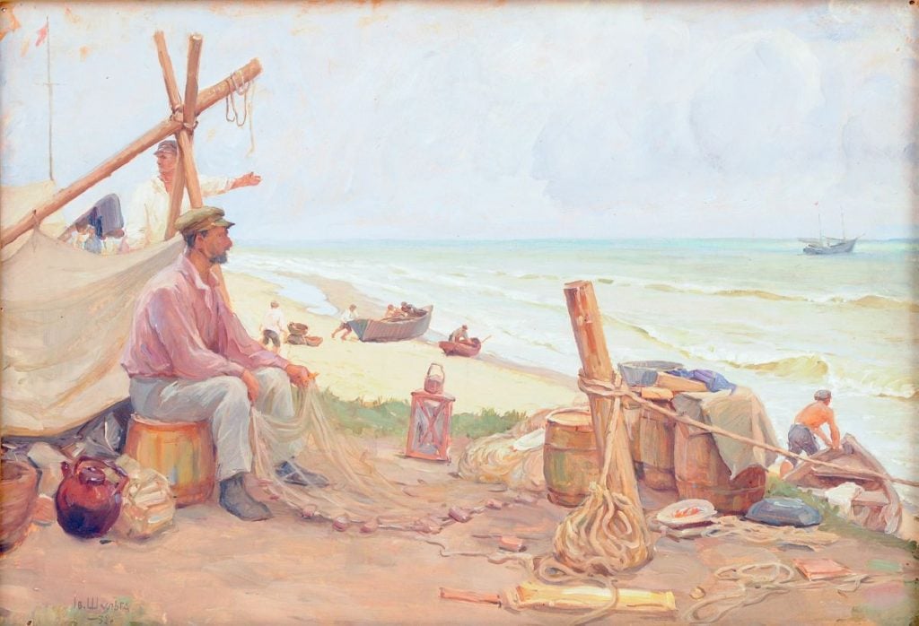 his is a painting depicting a scene of fishermen on the shore. Several individuals appear engaged in various activities associated with fishing. One man is sitting on a crate, gazing into the distance, another is standing under a canopy, and more are in the background, with some boats visible on the shore and in the water. The sea and sky fill the background, completing this tranquil coastal scene. The painting is done in a realistic style, with a focus on natural light and color, evoking a serene and somewhat nostalgic mood.